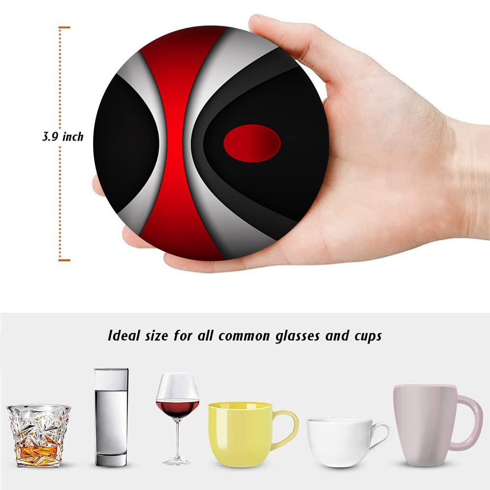 Set of 6 Red Black Geometric Absorbent Ceramic Coasters with Cork Base and Metal Holder O671904