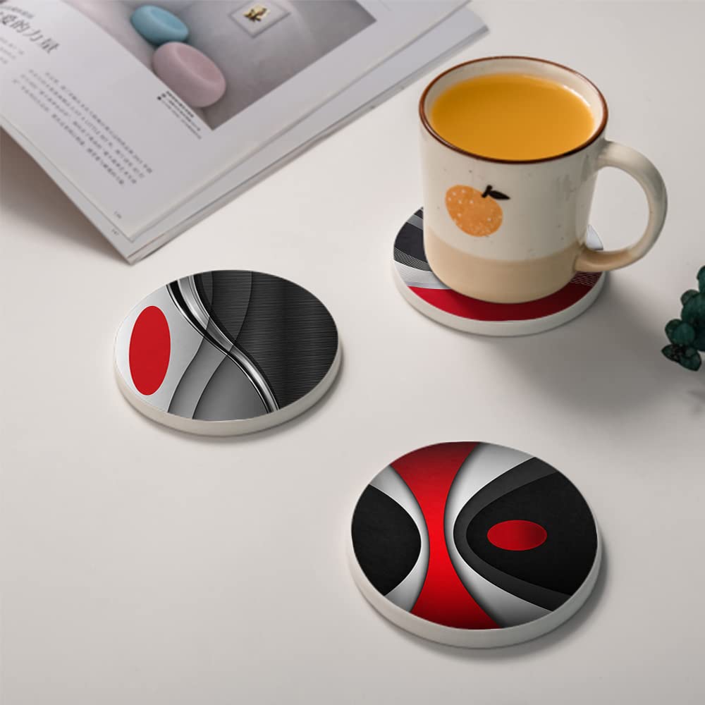 Set of 6 Red Black Geometric Absorbent Ceramic Coasters with Cork Base and Metal Holder O671904