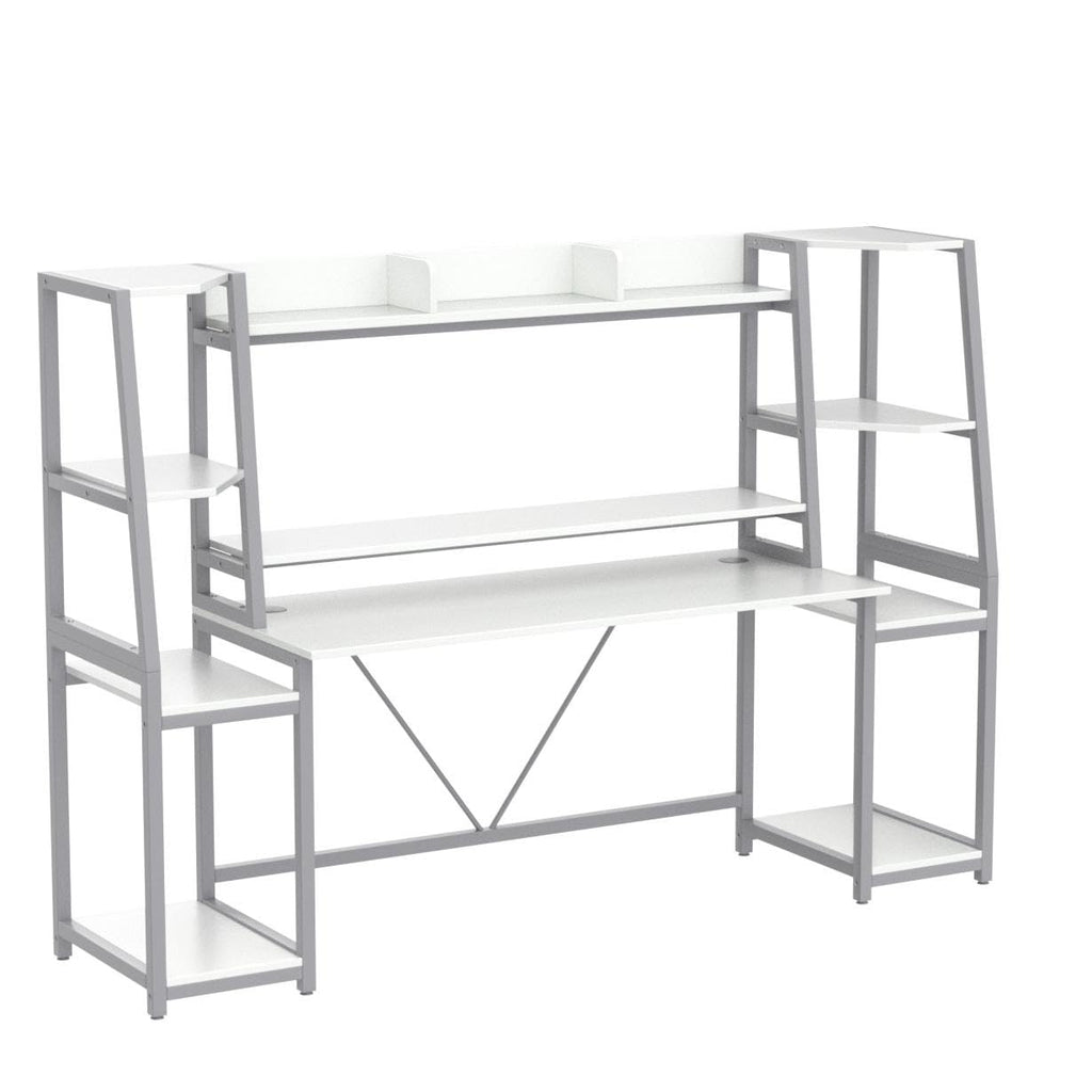 79'' White Gaming Desk with LED Lights and Storage Shelves D306