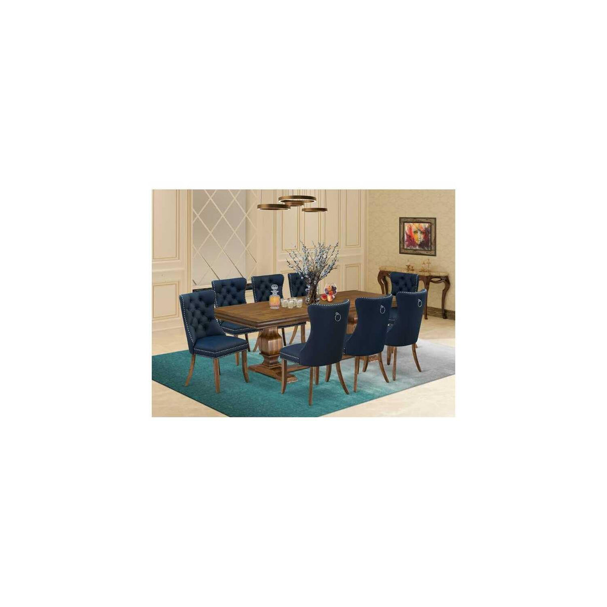 9 Pieces Dining Table Set with 8 Navy Blue Faux Leather Chairs K111913