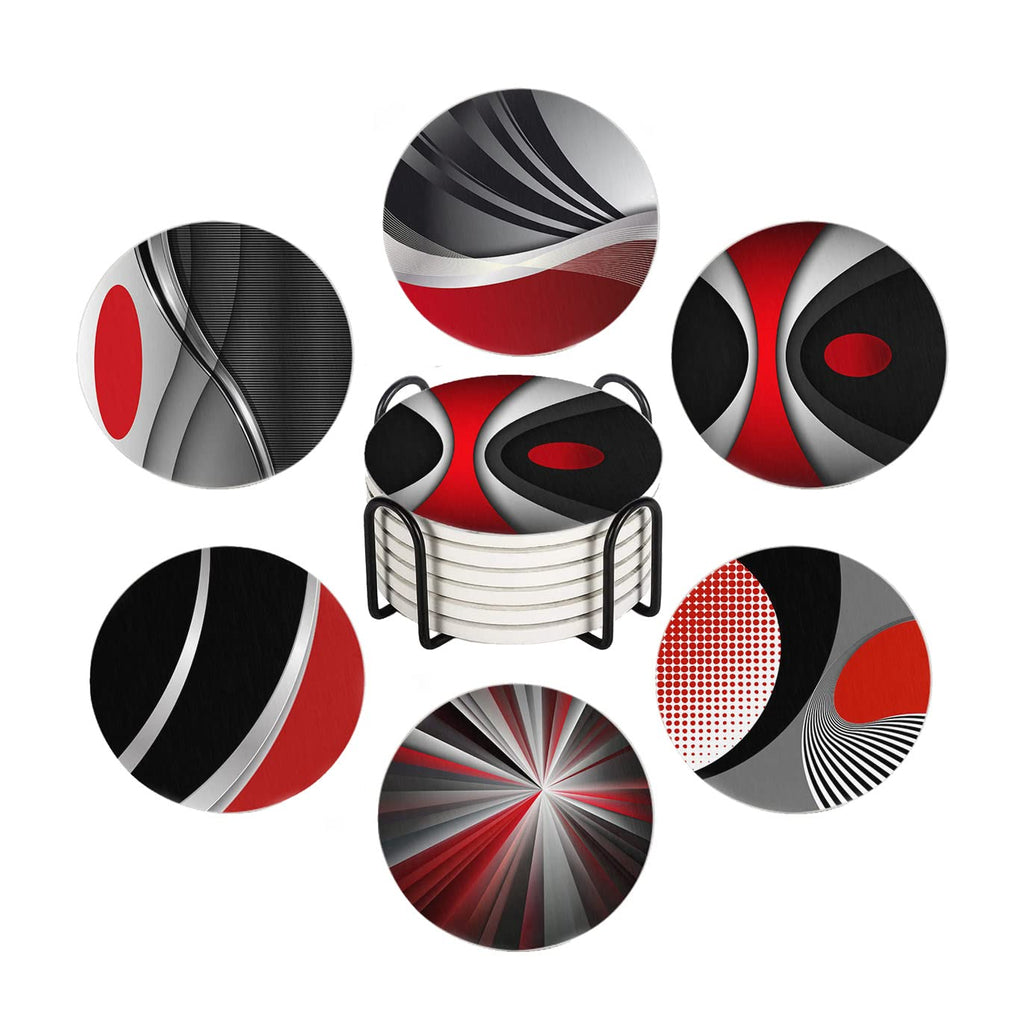 Set of 6 Red Black Geometric Absorbent Ceramic Coasters with Cork Base and Metal Holder O671904