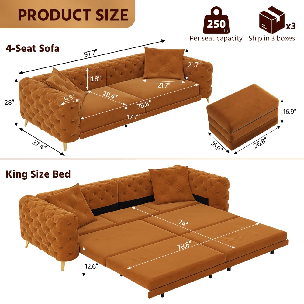 Orange Velvet Convertible Sleeper Sofa with Ottoman L640588