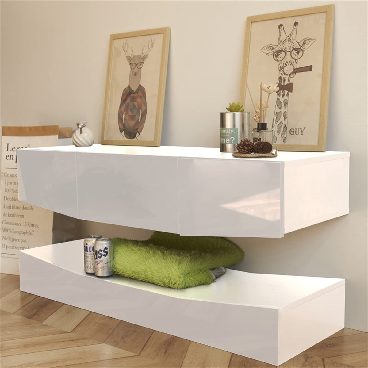 White Floating TV Stand with 3 Drawers and Open Shelves B91767