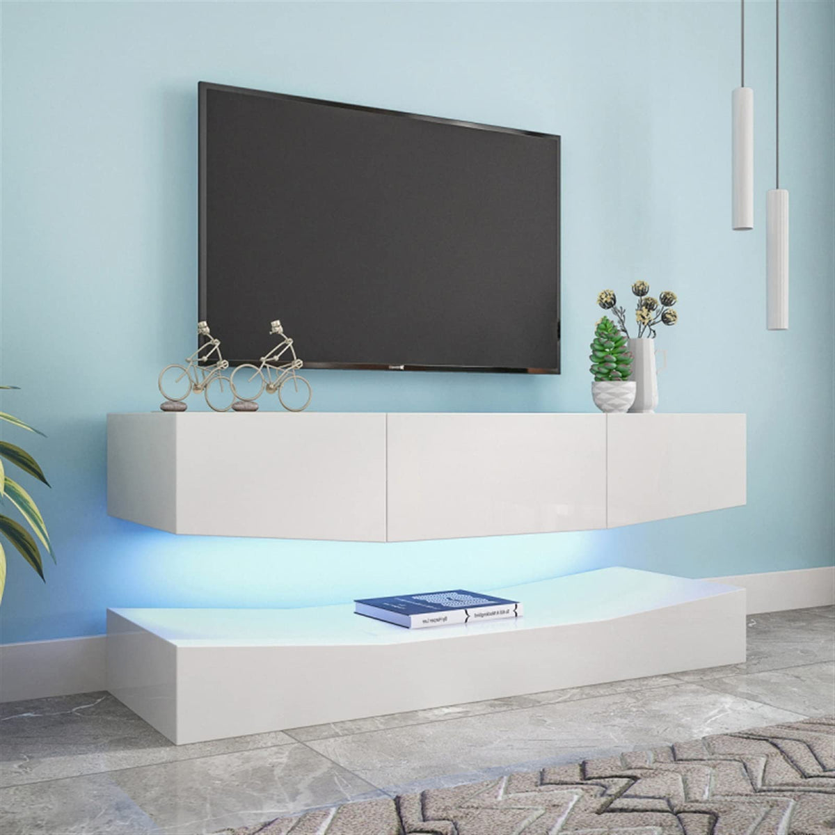 White Floating TV Stand with 3 Drawers and Open Shelves B91767