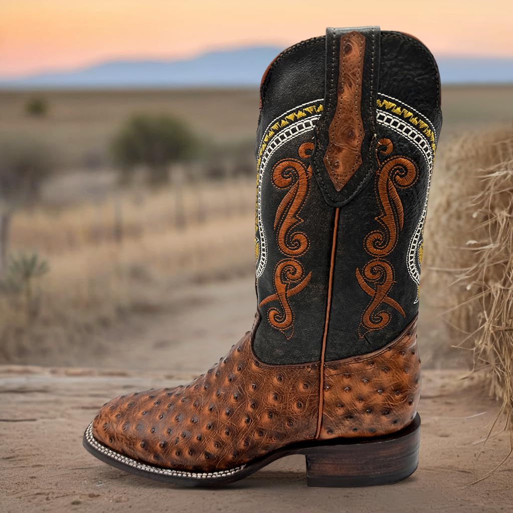 Leather Ostrich Quill Print Square Toe Western Cowboy Boot V5039