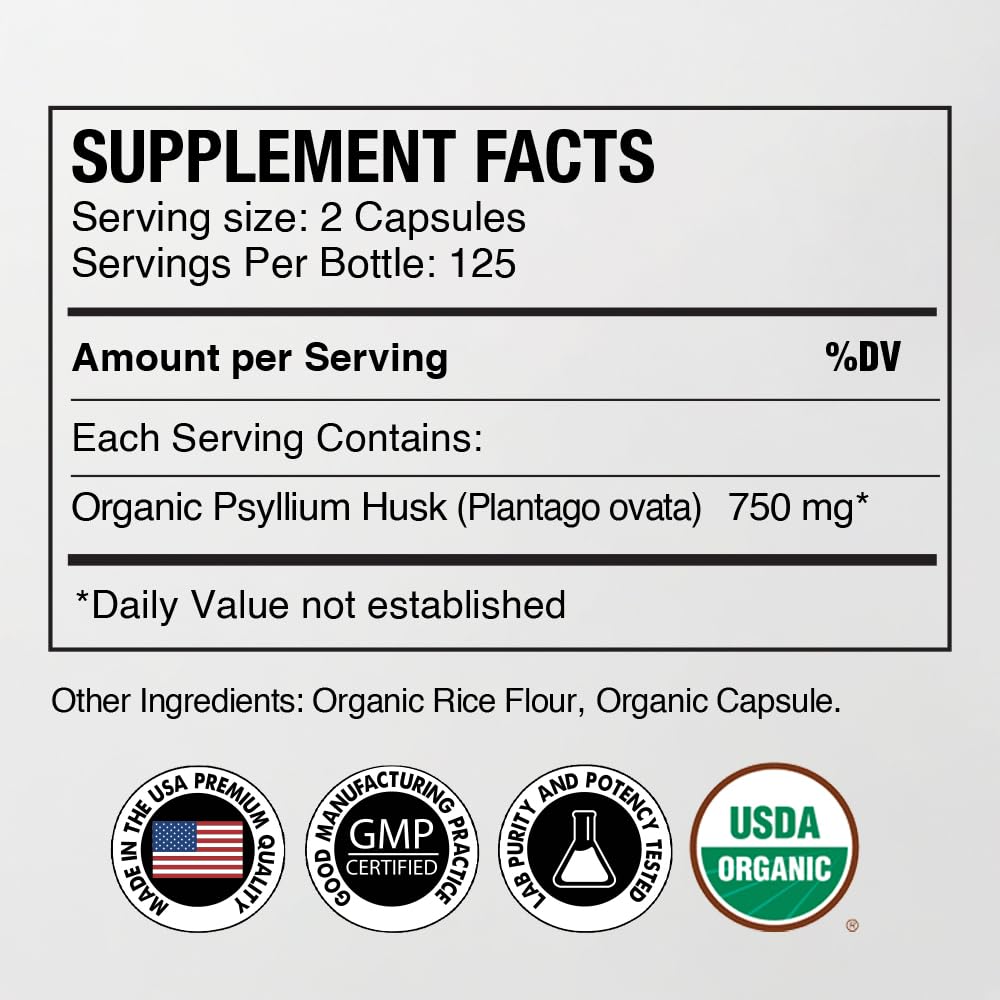 Organic Psyllium Husk Capsules 750 mg Fiber Supplement 250 Capsules Pack of 2 N669033