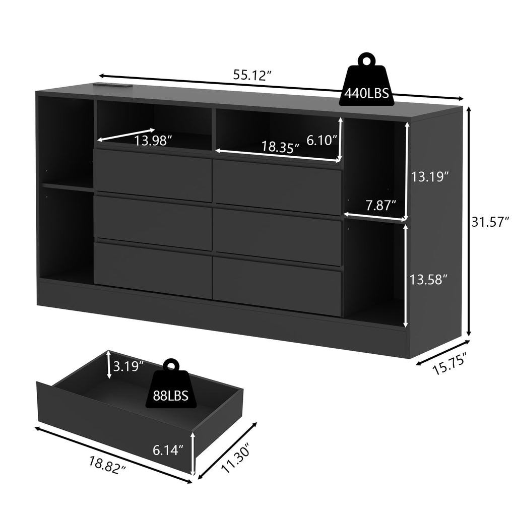 Black 6 Drawer Dresser with Open Storage Cubbies V362
