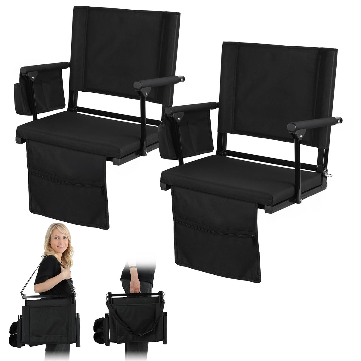 2 Pcs Black Stadium Seats with Back Support and Cushion J689089