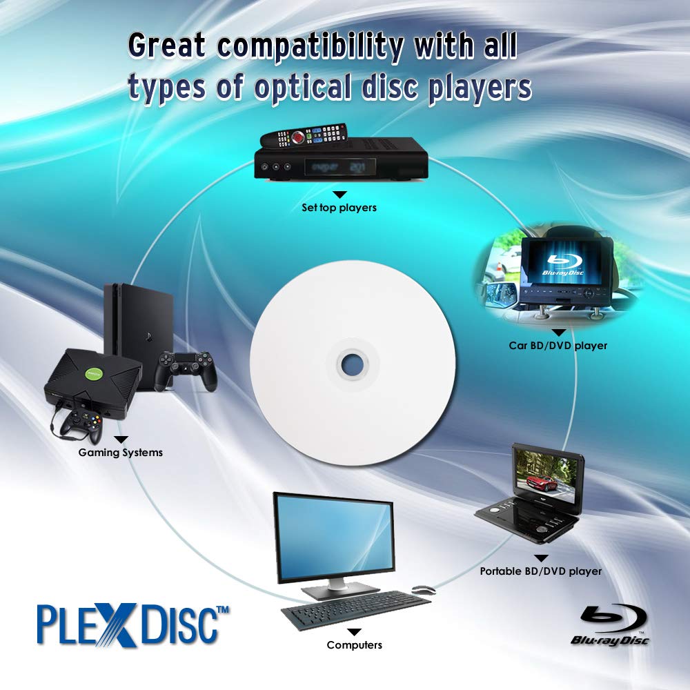 Water Resistant Glossy White Inkjet Printable BD-R DL 6x 50GB Blu-ray 10 Disc Spindle A26155