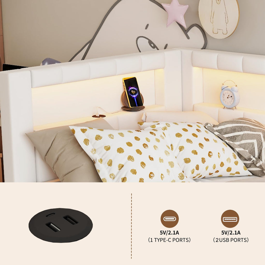 White Twin Size Upholstered Daybed with Trundle and USB Ports C4176