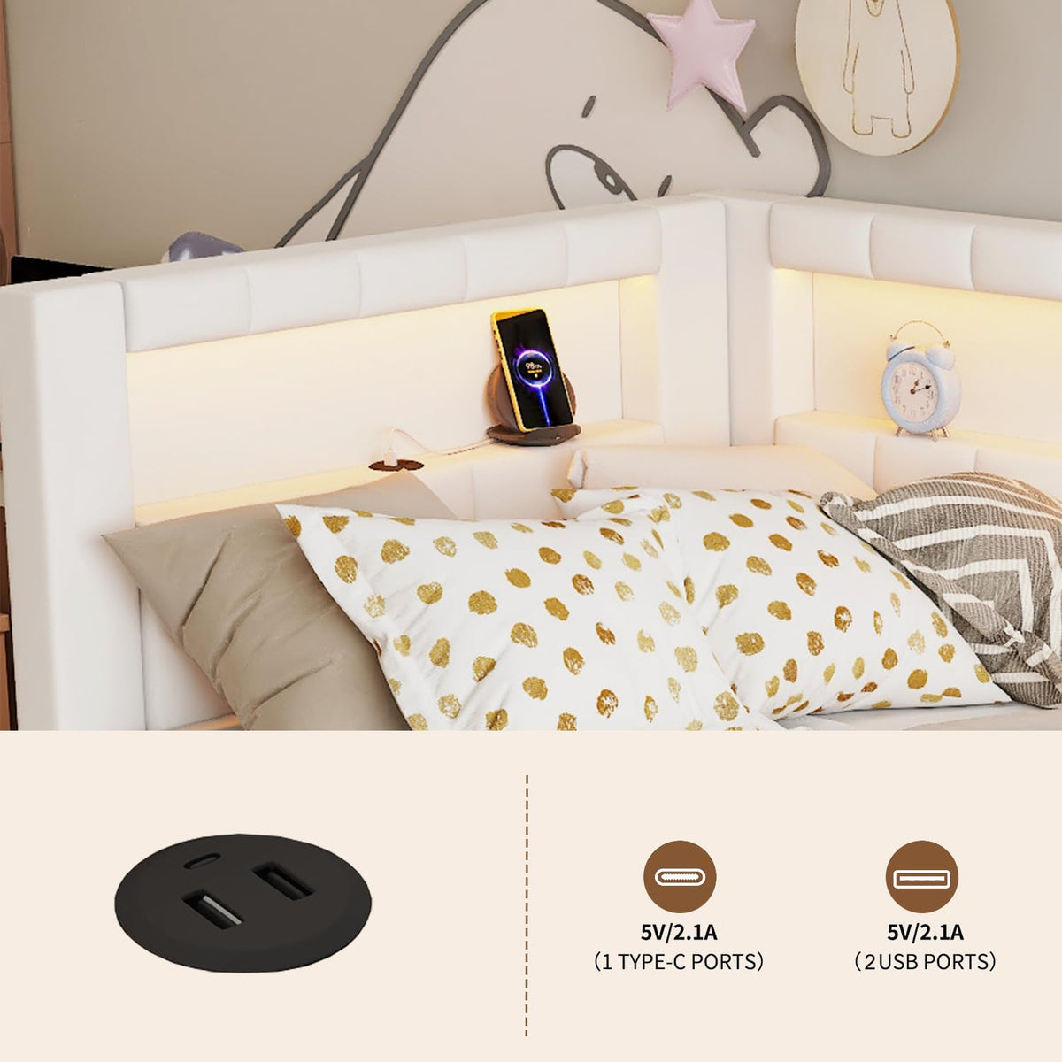 White Twin Size Upholstered Daybed with Trundle and USB Ports C4176