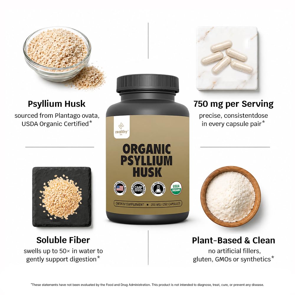 Organic Psyllium Husk Capsules 750 mg Fiber Supplement 250 Capsules Pack of 2 N669033