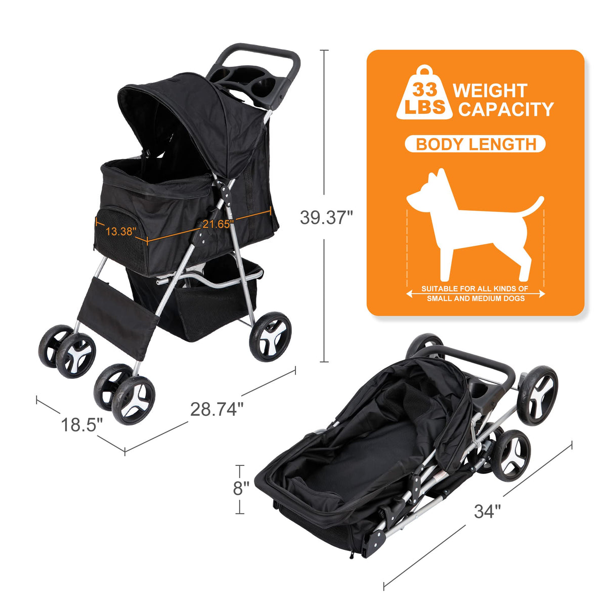 4 Wheels Foldable Pet Stroller with Storage Basket and Cup Holder L523104