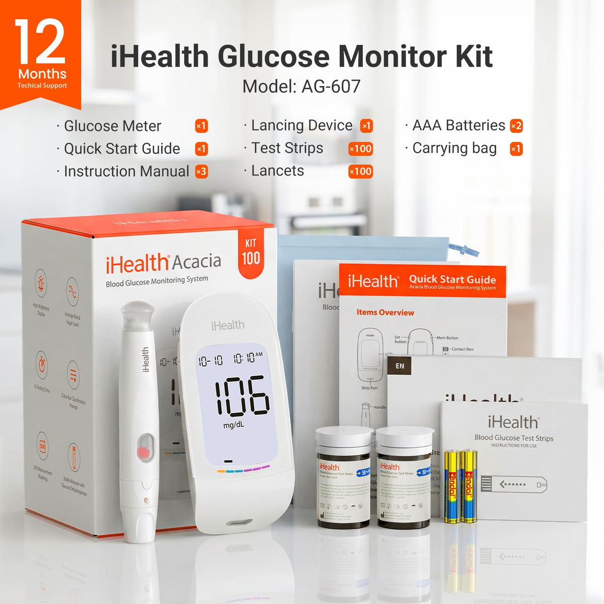 Blood Glucose Monitor Kit, 100 Strips & Lancets D7324