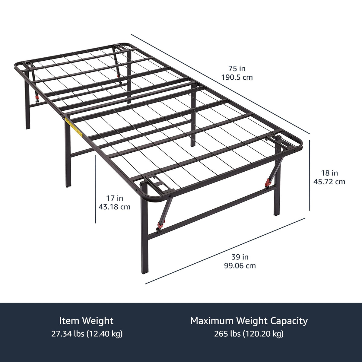 Foldable Metal Platform Bed Frame, 18 Inches High, Twin Size, Black B657