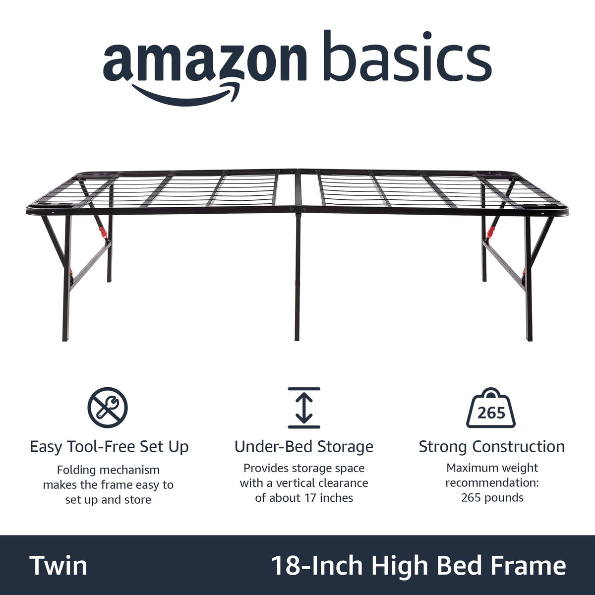 Foldable Metal Platform Bed Frame, 18 Inches High, Twin Size, Black B657