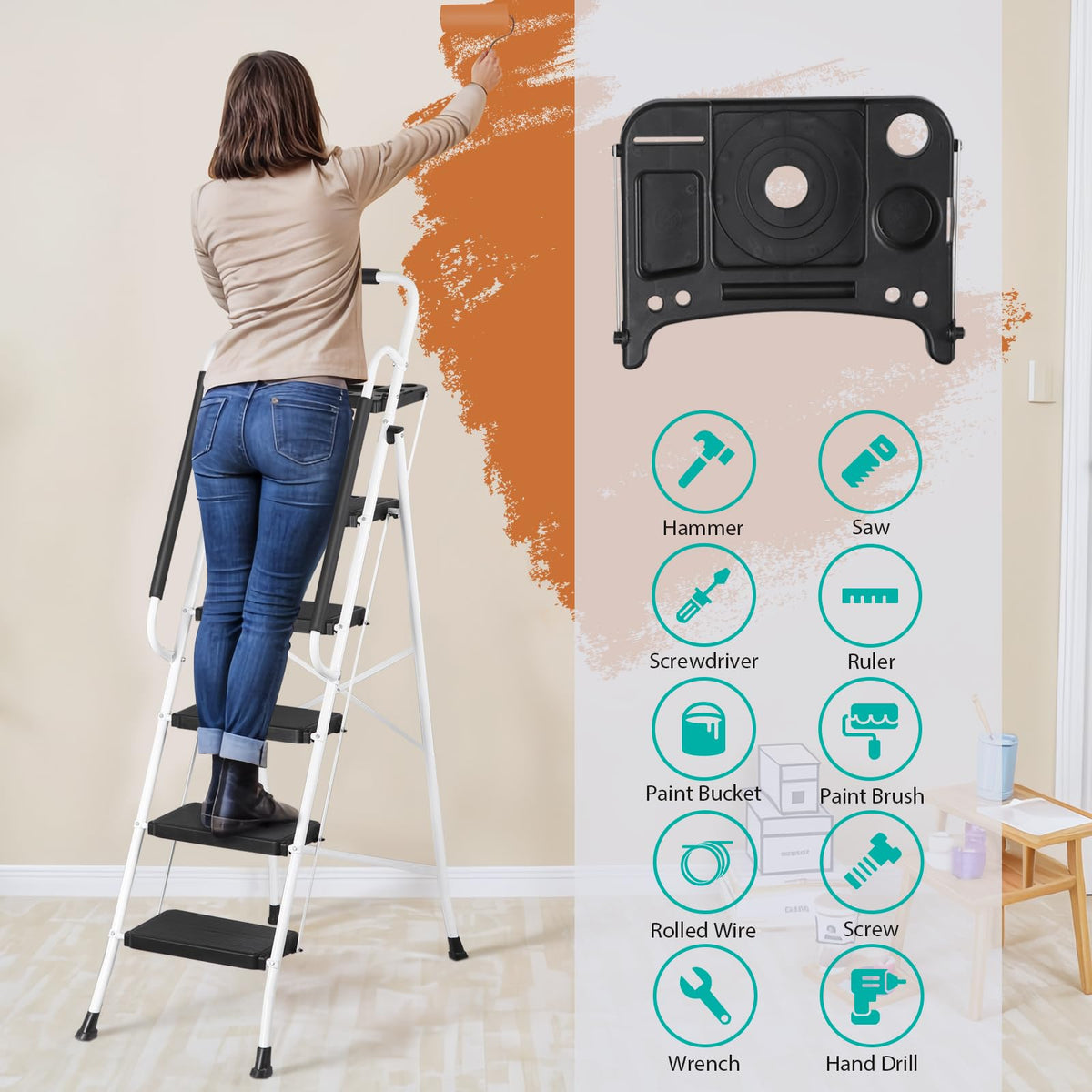 5 Step White Foldable Steel Step Stool with Handrail S15194