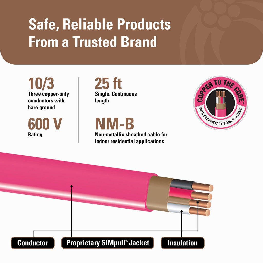 10 Gauge 3 Conductor 25Ft Pink Residential Wire V5990