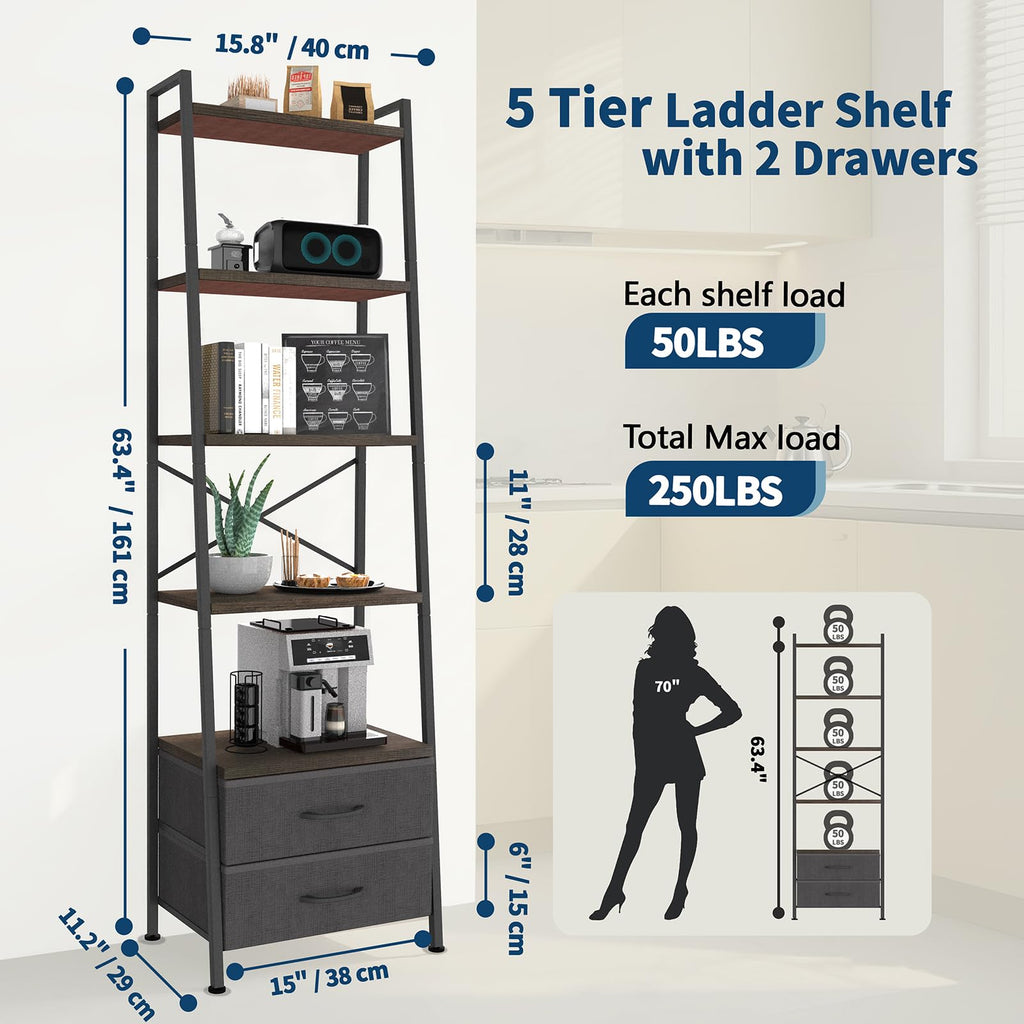 5-Tier Ladder Bookshelf with 2 Drawers Black P42317