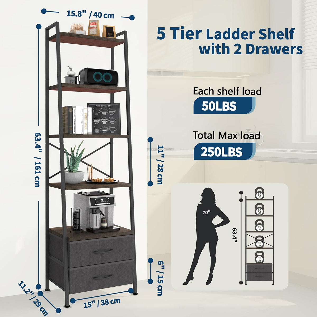 5-Tier Ladder Bookshelf with 2 Drawers Black P42317