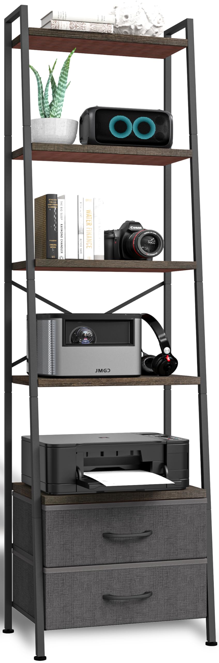 5-Tier Ladder Bookshelf with 2 Drawers Black P42317