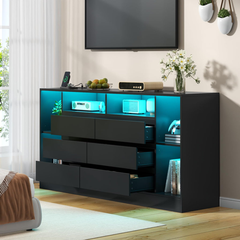 Black 6 Drawer Dresser with Open Storage Cubbies V362