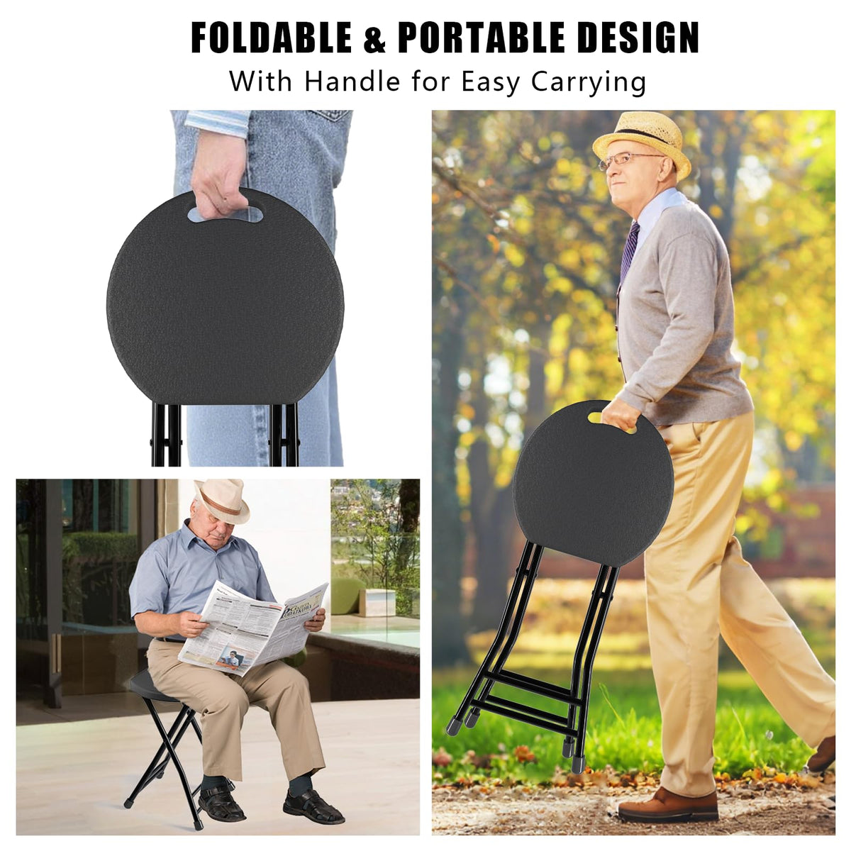 Black 18 Inch Folding Stool with Handle, Pack of 2 Z987125