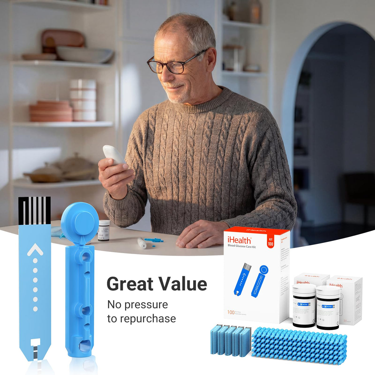 Blood Glucose Monitor Kit, 100 Strips & Lancets D7324