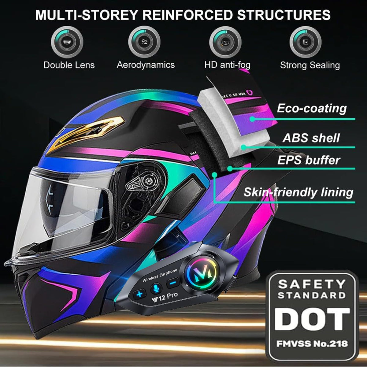 DOT Approved Flip Up Full Face Bluetooth Motorcycle Helmet E8794