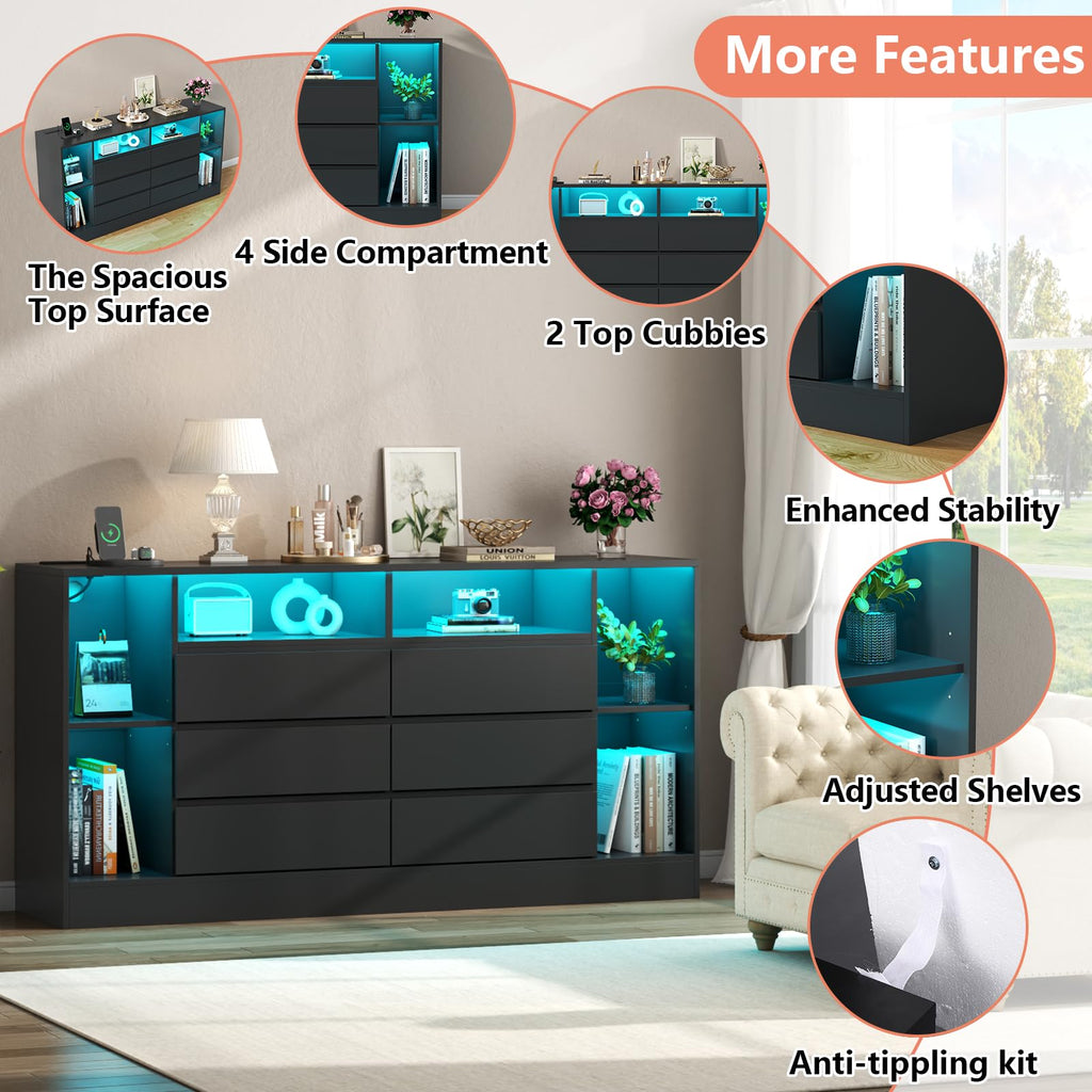 Black 6 Drawer Dresser with Open Storage Cubbies V362