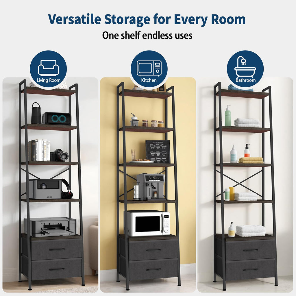5-Tier Ladder Bookshelf with 2 Drawers Black P42317