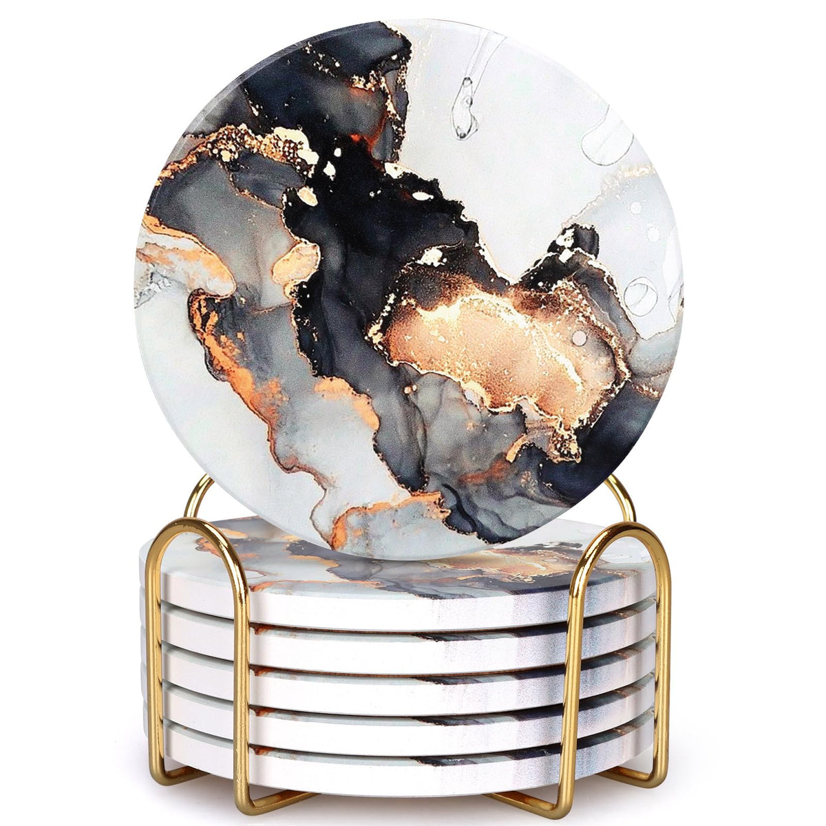 Black Marble Abstract Ceramic Coasters with Holder P329