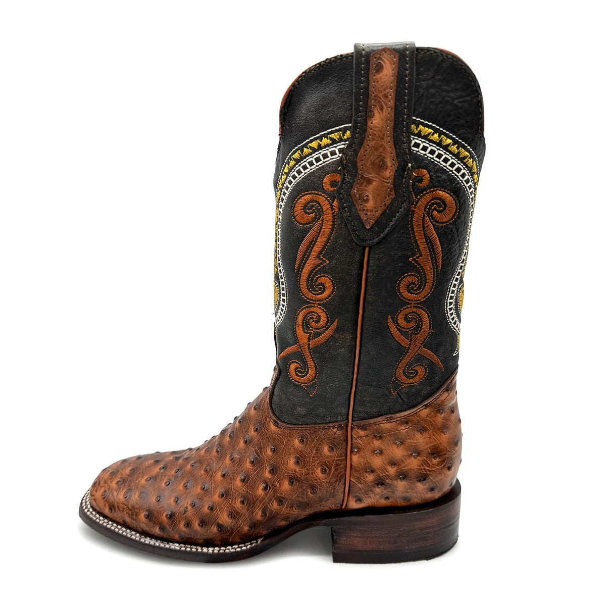 Leather Ostrich Quill Print Square Toe Western Cowboy Boot V5039