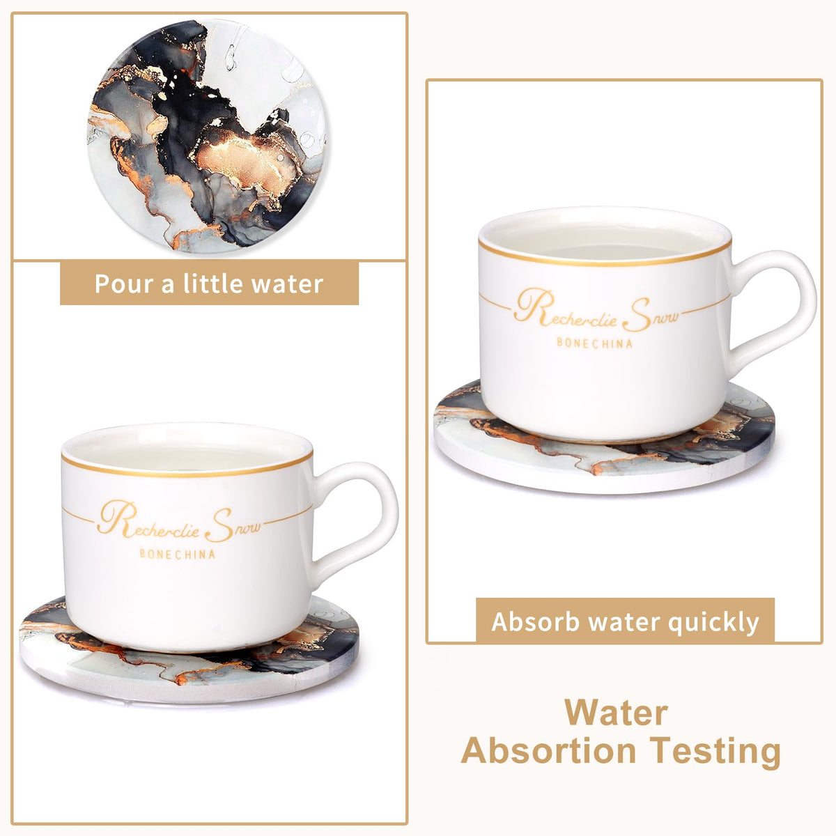 Black Marble Abstract Ceramic Coasters with Holder P329