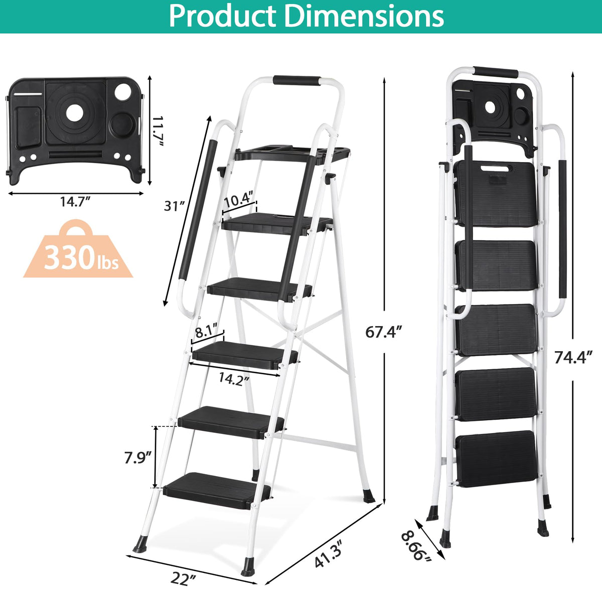 5 Step White Foldable Steel Step Stool with Handrail S15194