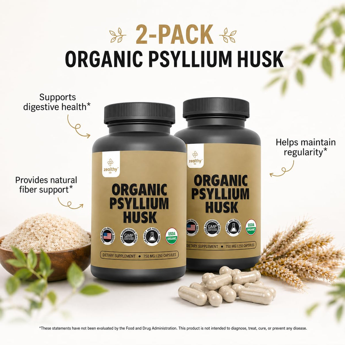 Organic Psyllium Husk Capsules 750 mg Fiber Supplement 250 Capsules Pack of 2 N669033