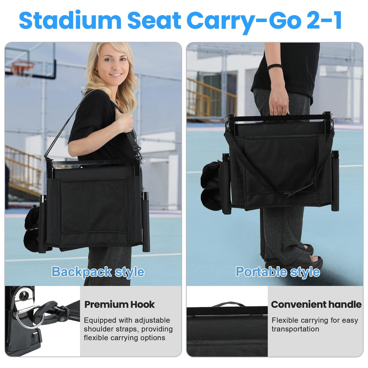 2 Pcs Black Stadium Seats with Back Support and Cushion J689089