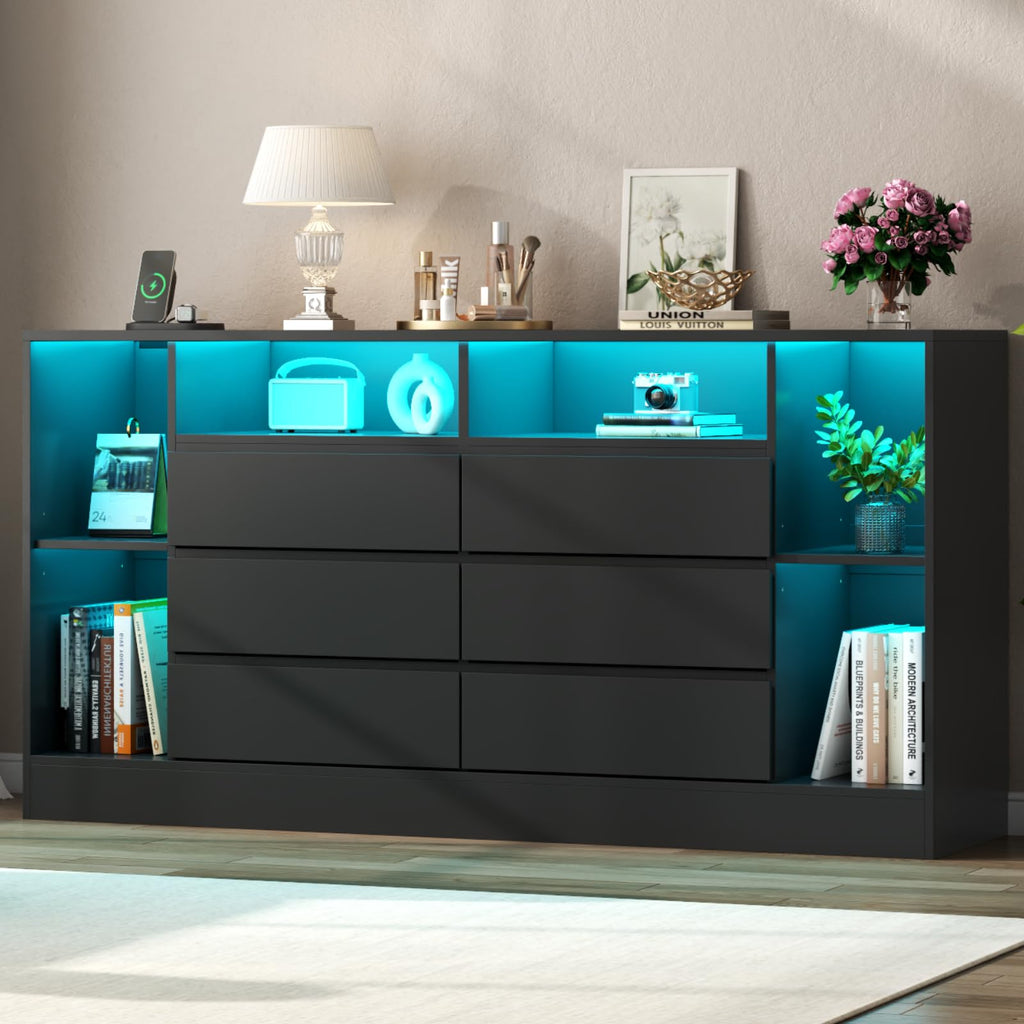 Black 6 Drawer Dresser with Open Storage Cubbies V362