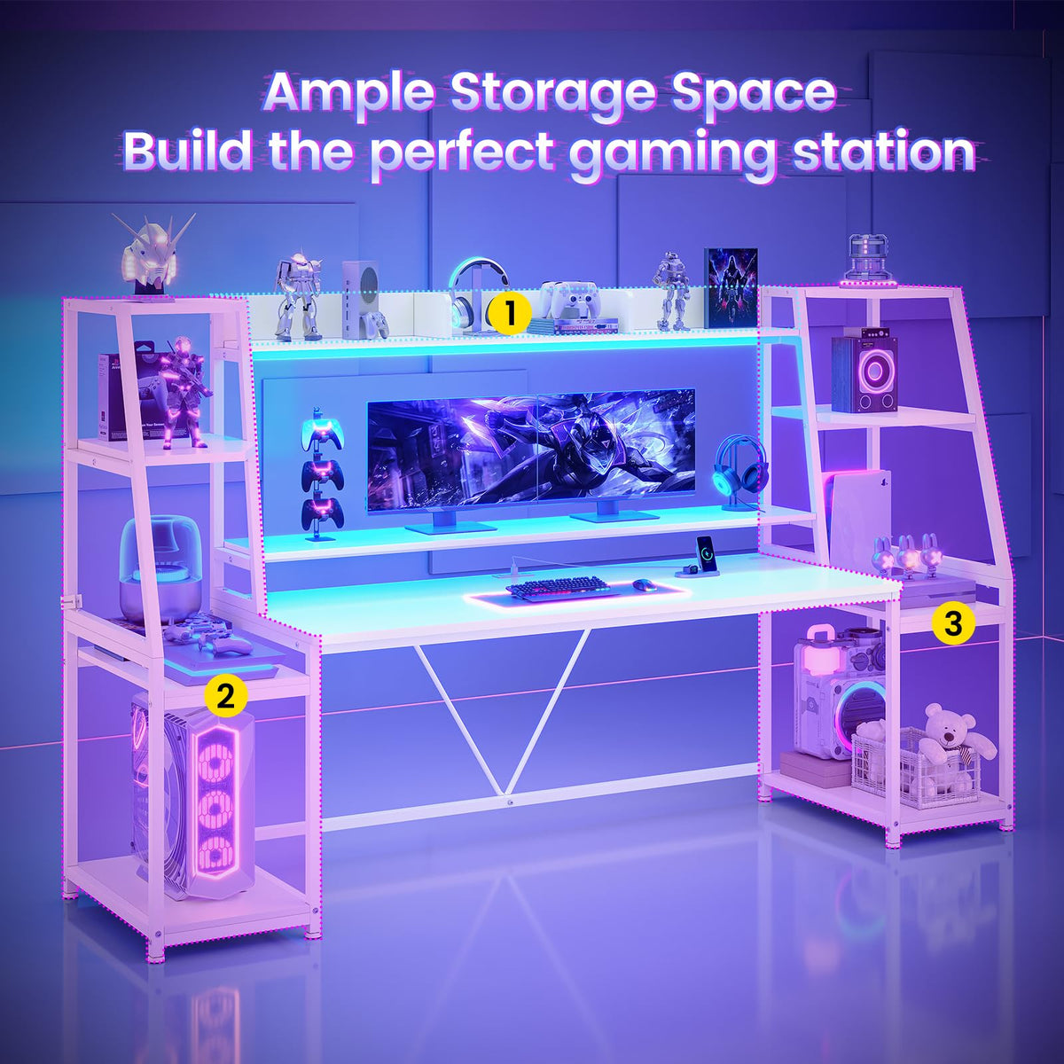 79'' White Gaming Desk with LED Lights and Storage Shelves D306