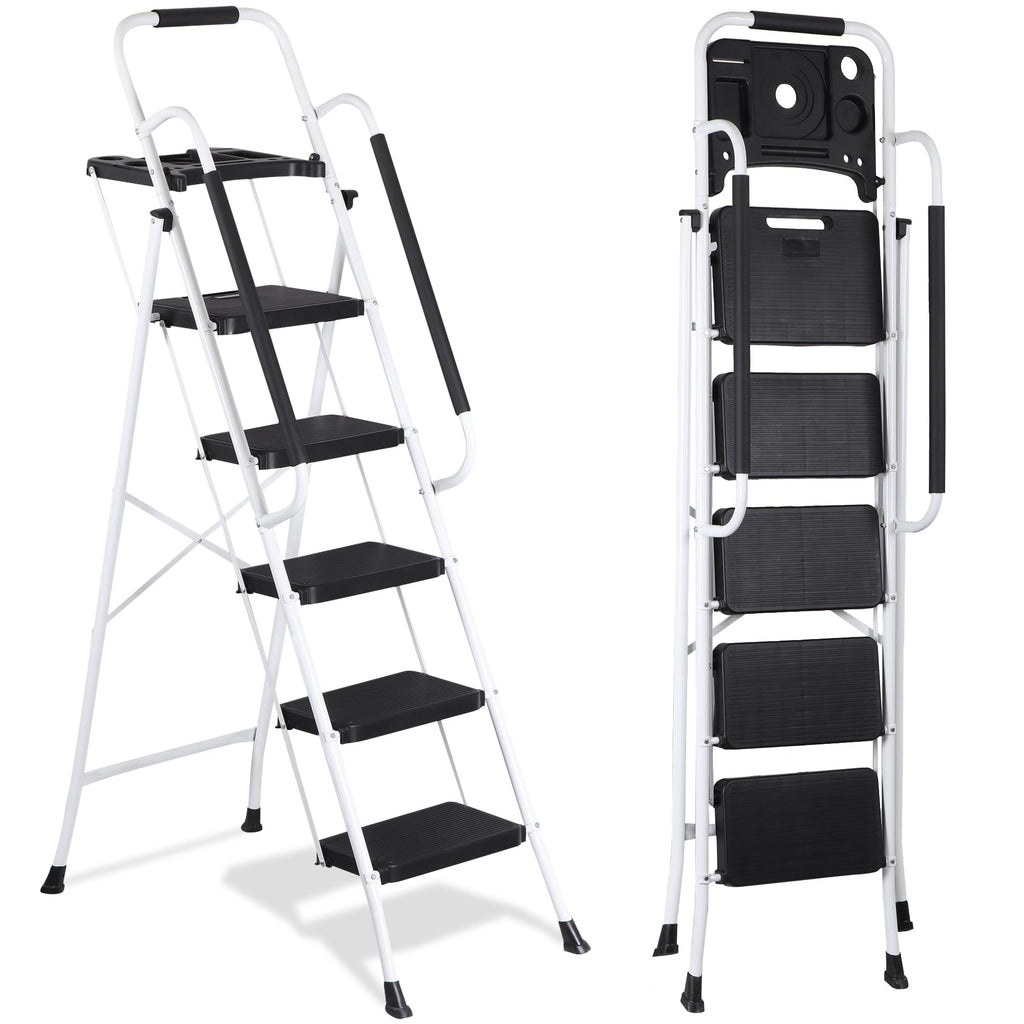 5 Step White Foldable Steel Step Stool with Handrail S15194