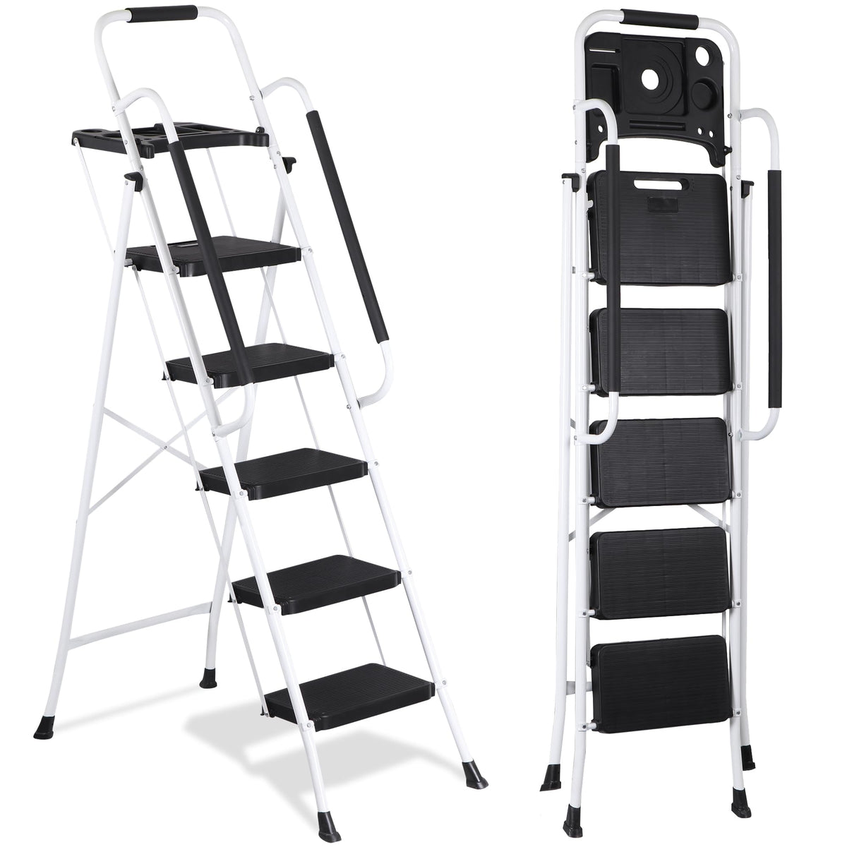 5 Step White Foldable Steel Step Stool with Handrail S15194