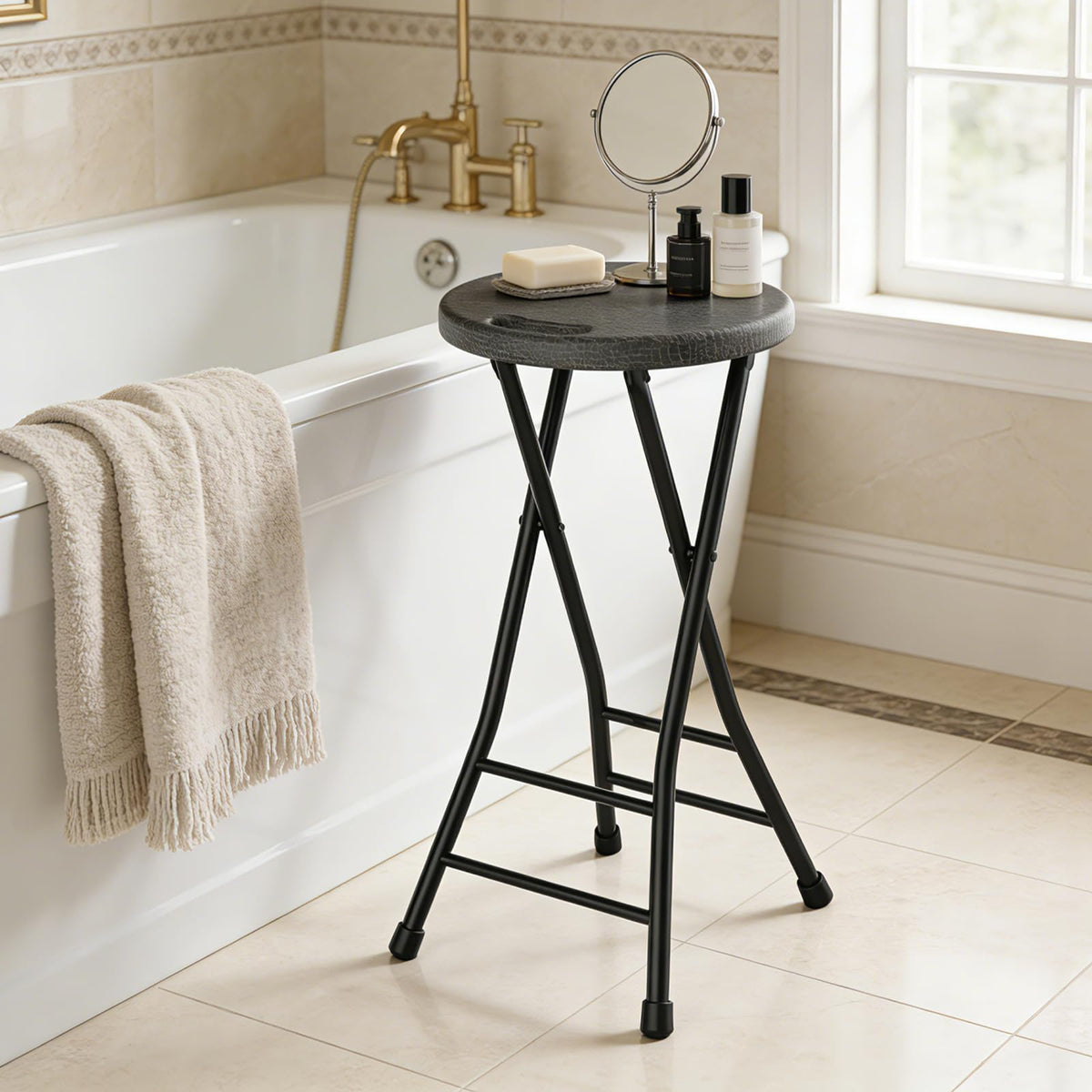 Black 18 Inch Folding Stool with Handle, Pack of 2 Z987125