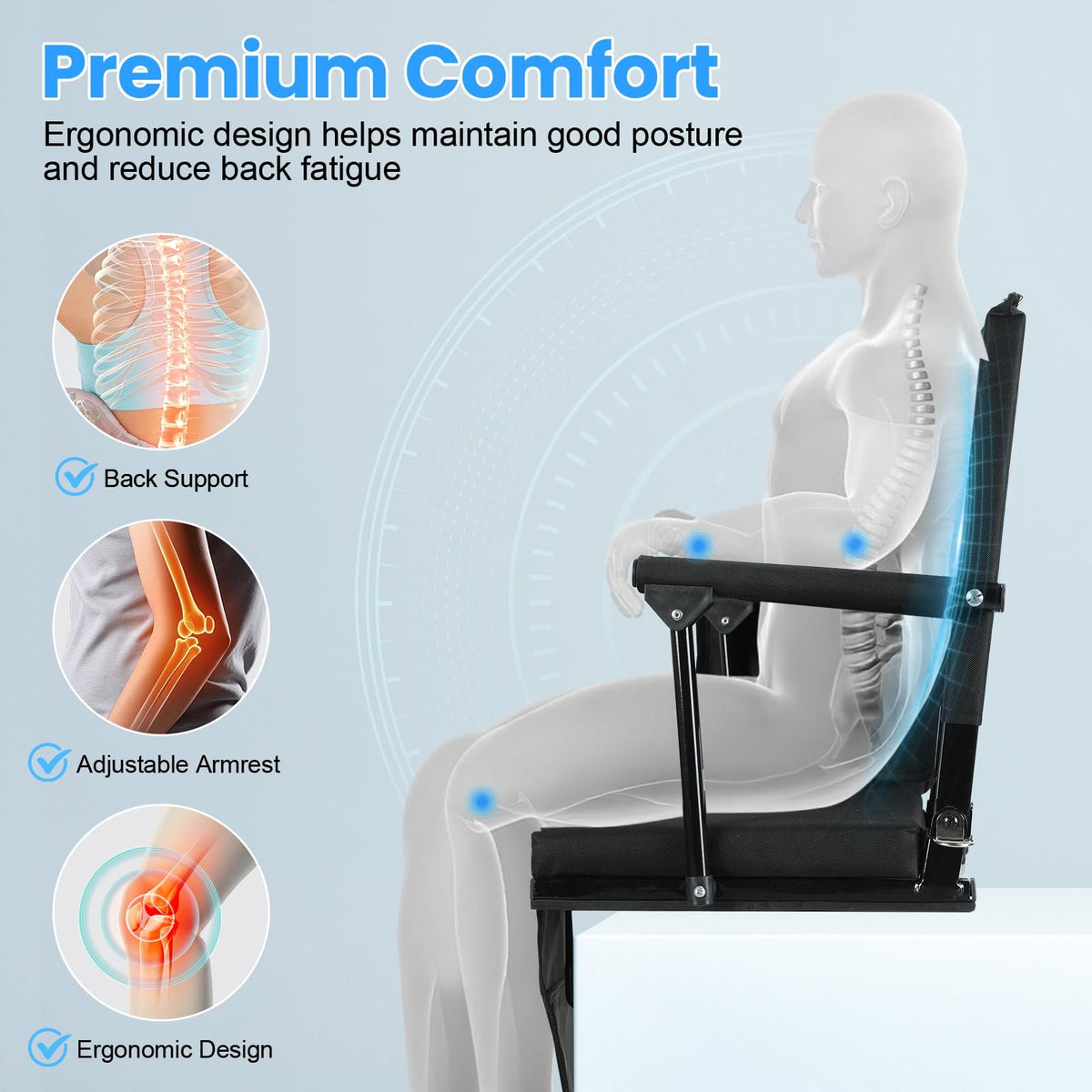 2 Pcs Black Stadium Seats with Back Support and Cushion J689089