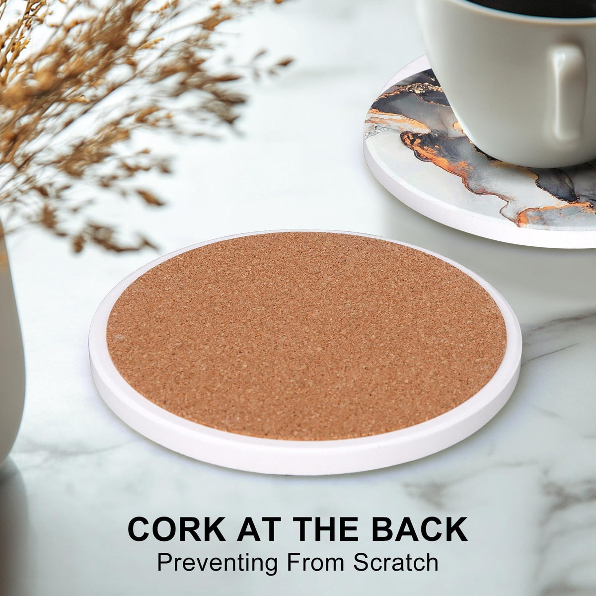 Black Marble Abstract Ceramic Coasters with Holder P329