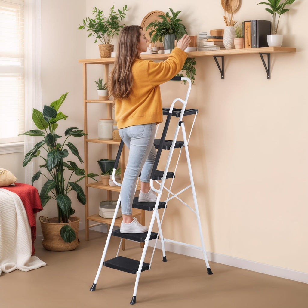 5 Step White Foldable Steel Step Stool with Handrail S15194