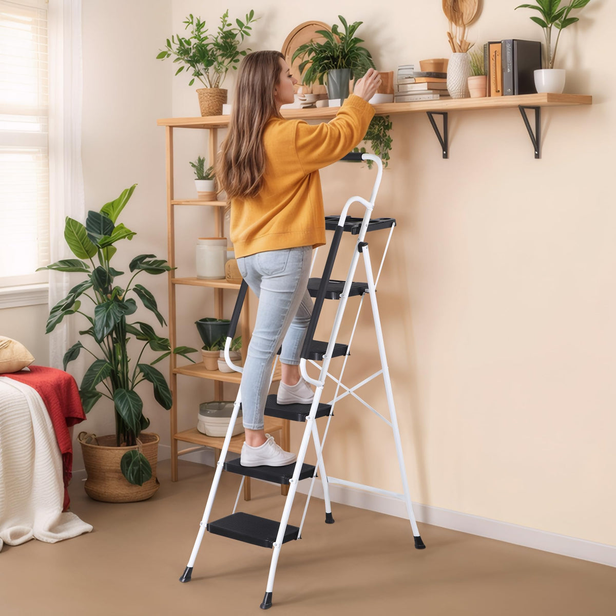 5 Step White Foldable Steel Step Stool with Handrail S15194