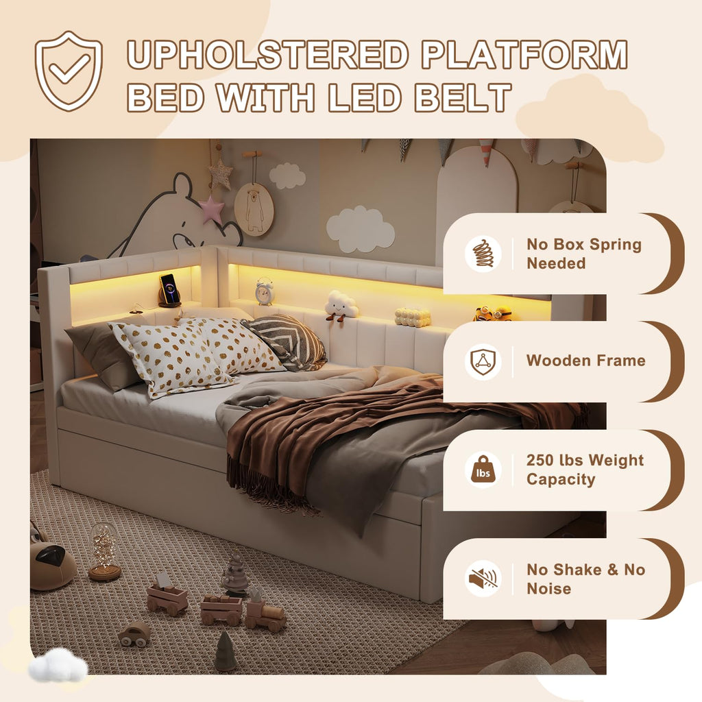 White Twin Size Upholstered Daybed with Trundle and USB Ports C4176