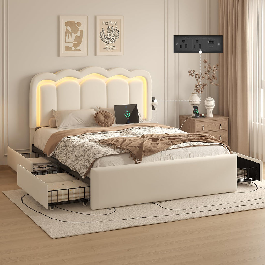 White Full Bed Frame with 4 Storage Drawers L842423