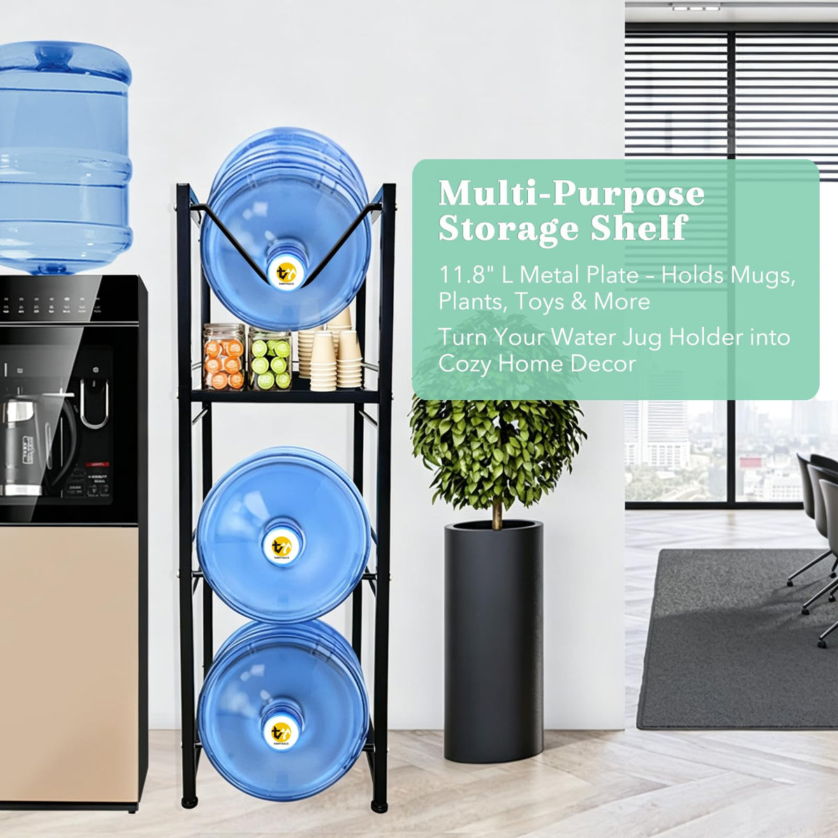 5 Gallon Water Jug Holder with 3-Tier Storage Shelves Black G2712