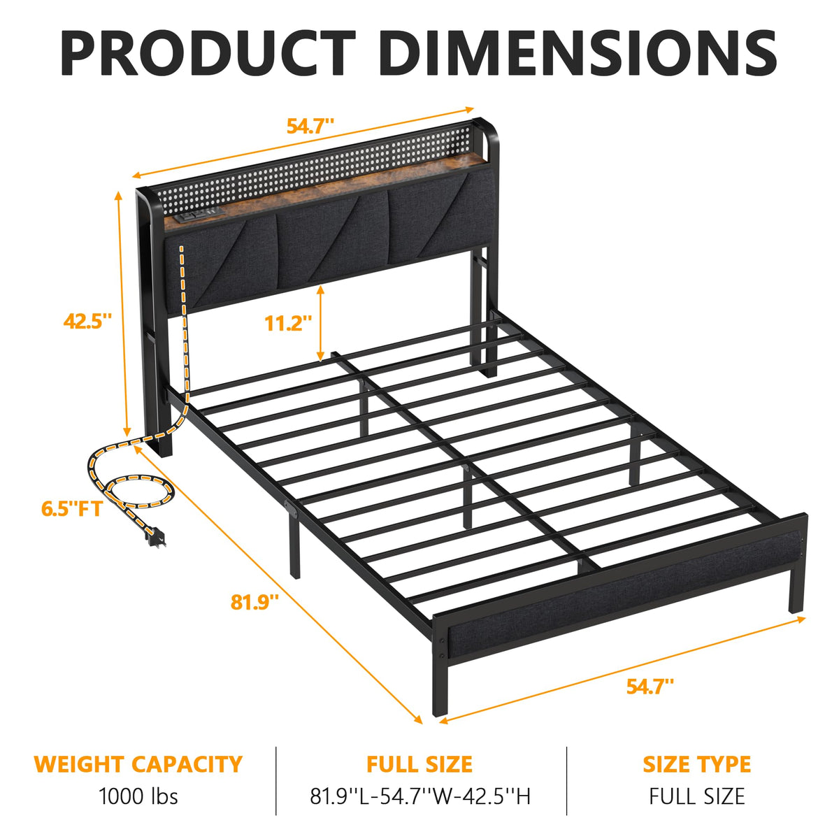 Full Size Bed Frame with Storage Shelf and Upholstered Headboard I94631